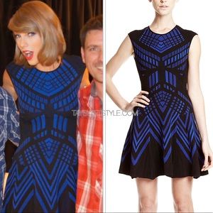 RVN Sleeveless Geometric Fit-and-Flare Dress, Blue/Black sz L